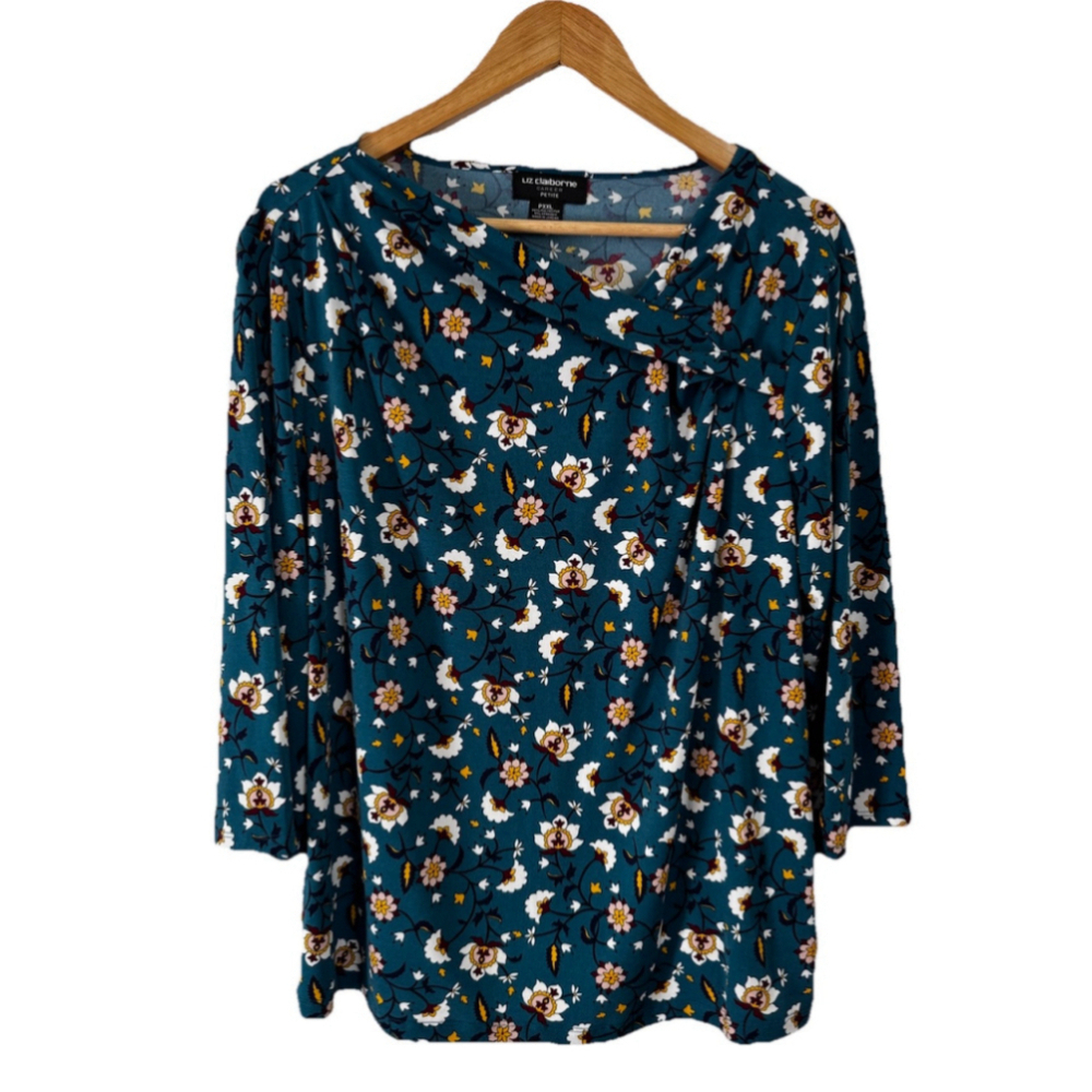 Liz Claiborne Petite XXL Floral Blouse 3/4 Slvs Liquid Knit